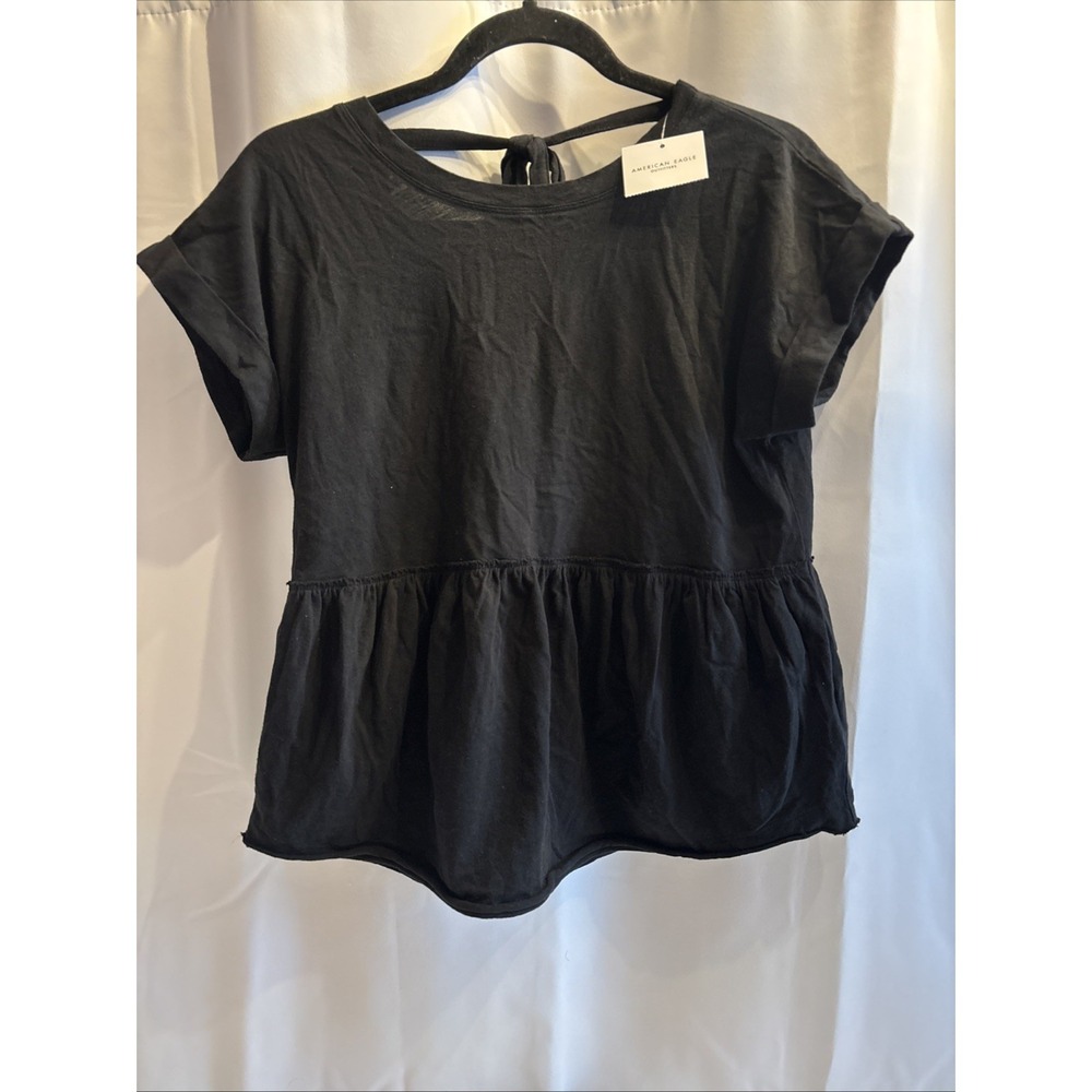 American Eagle Tie Back Peplum Top XS Black Y2K Hobo Fairy